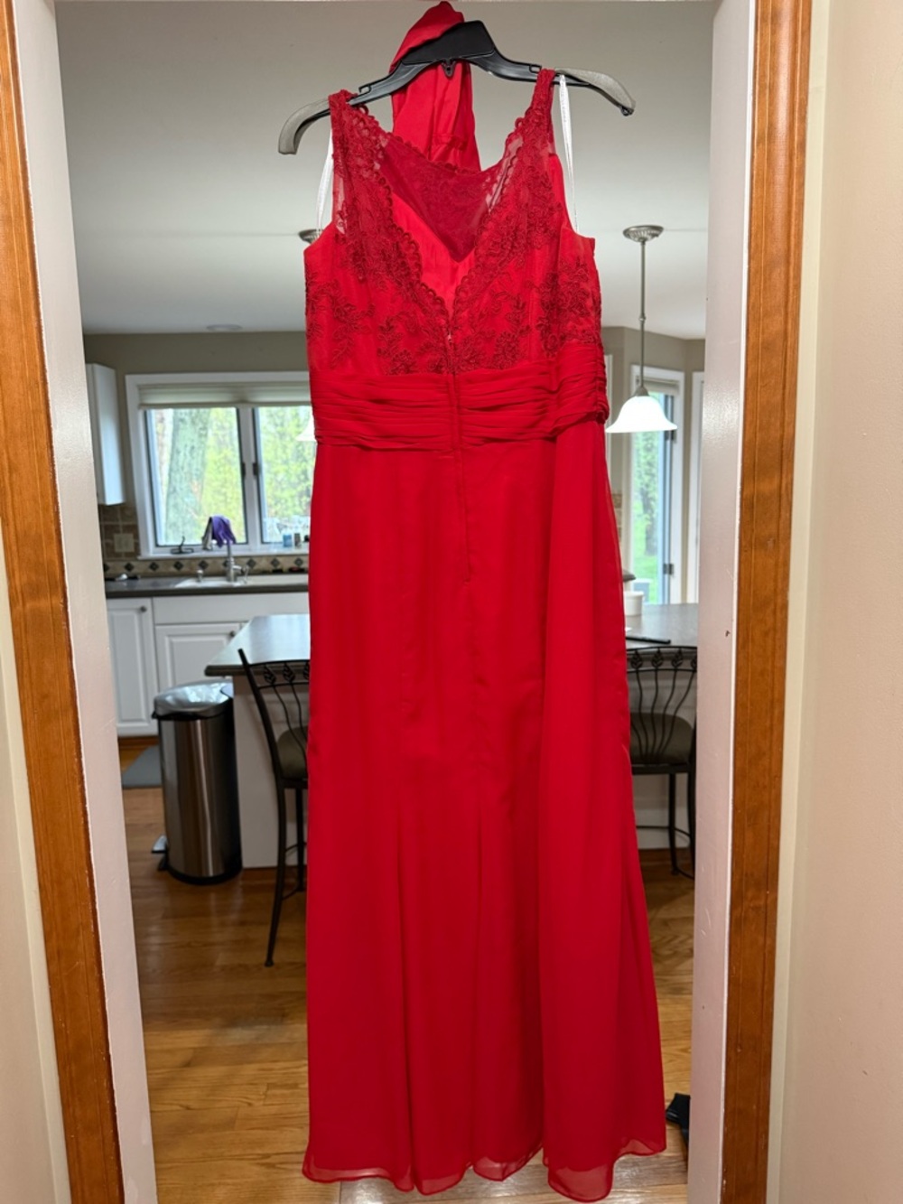 Red Lace & Chiffon V-Neck Evening Gown